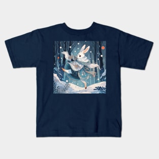 White rabbit dancing in the snow Kids T-Shirt